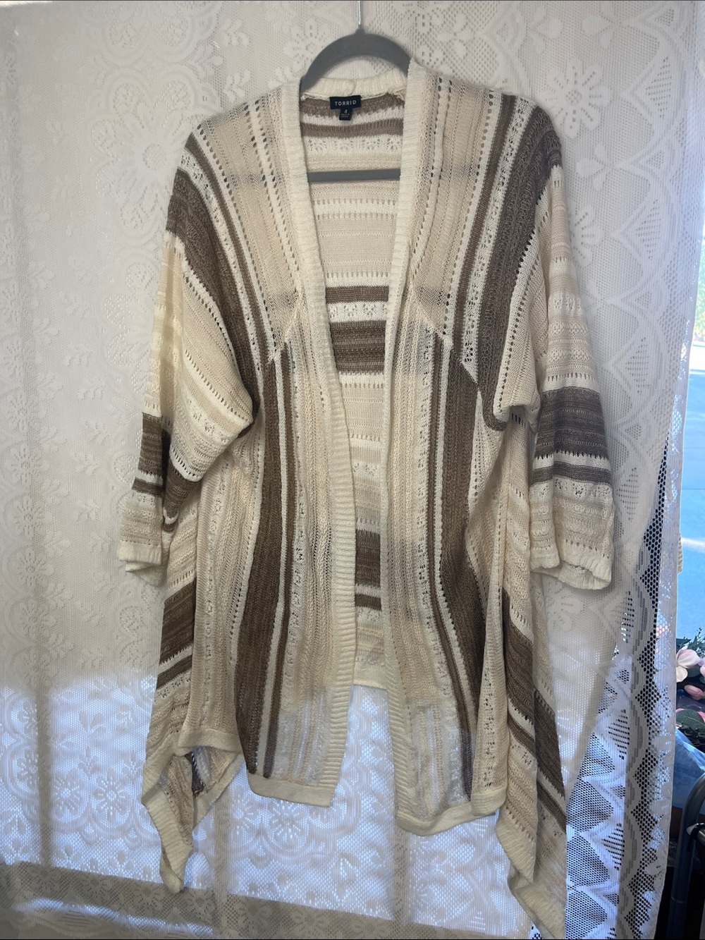 torrid Cream and Brown Striped Open Drape Cardigan 4